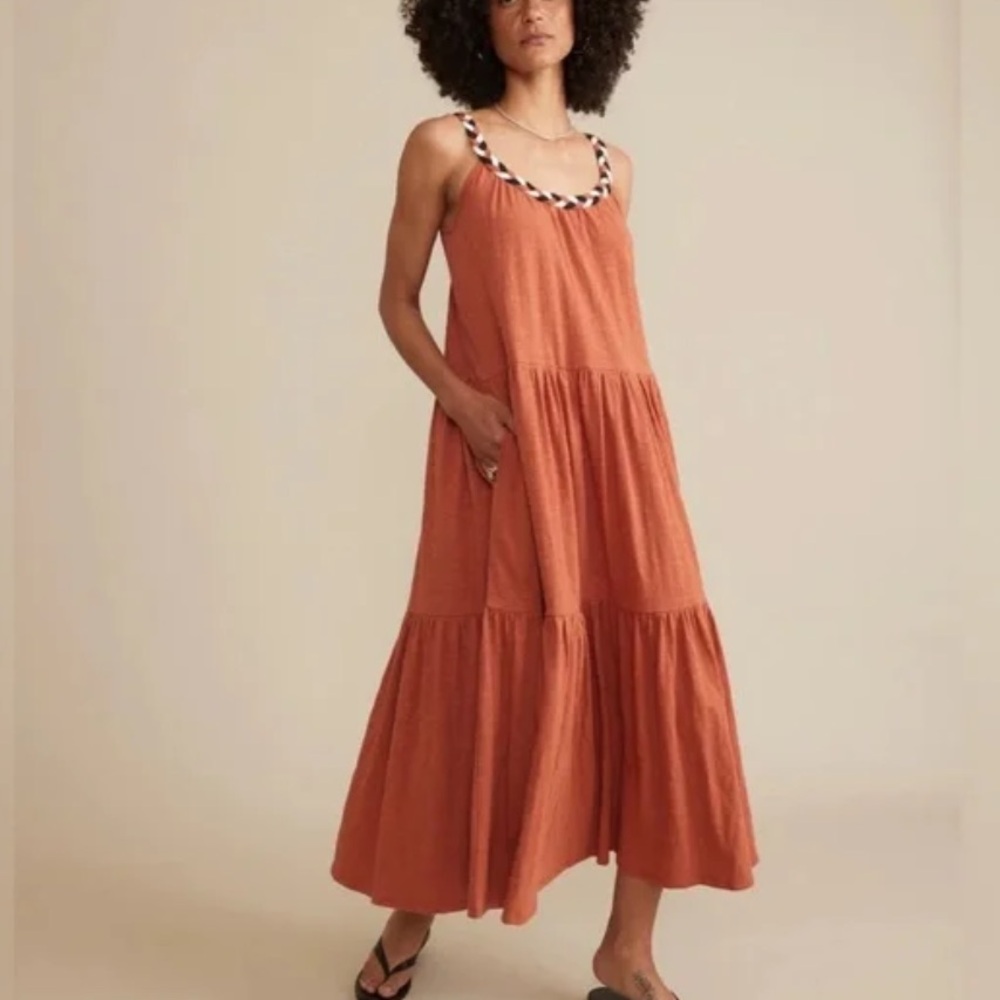 Marine Layer Andrea Knit Midi Dress in Baked Clay Burnt Orange Braided Detail